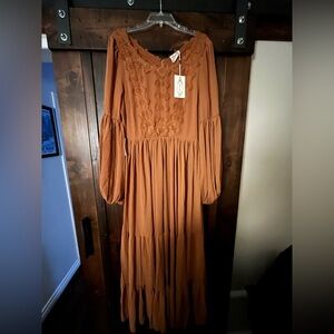 Joyfolie Rust Long Sleeve Dress with Lace